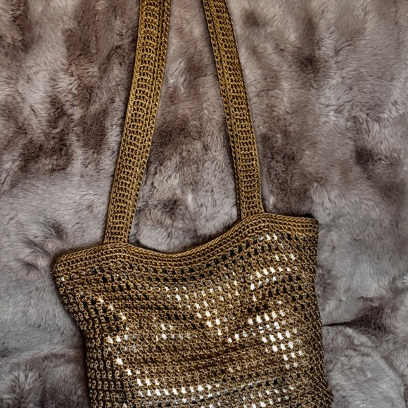 Le Sak Crocheted Handbag Double Straps Handle Gold with Metallic Liner - Picture 6 of 11